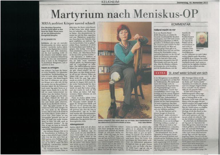 Patientin nach schwerer MRSA-Infektion dauerhaft geschädigt.